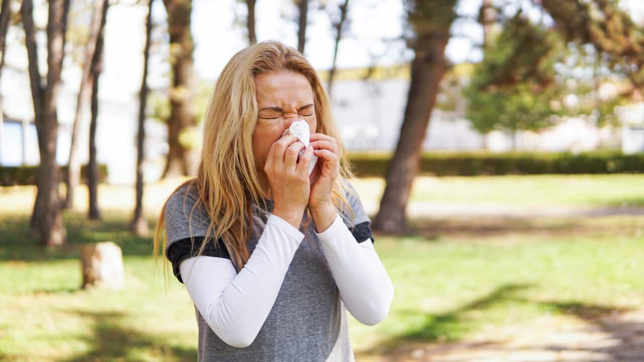 Woman suffering from spring allergy, blowing nose with a tissue in the park