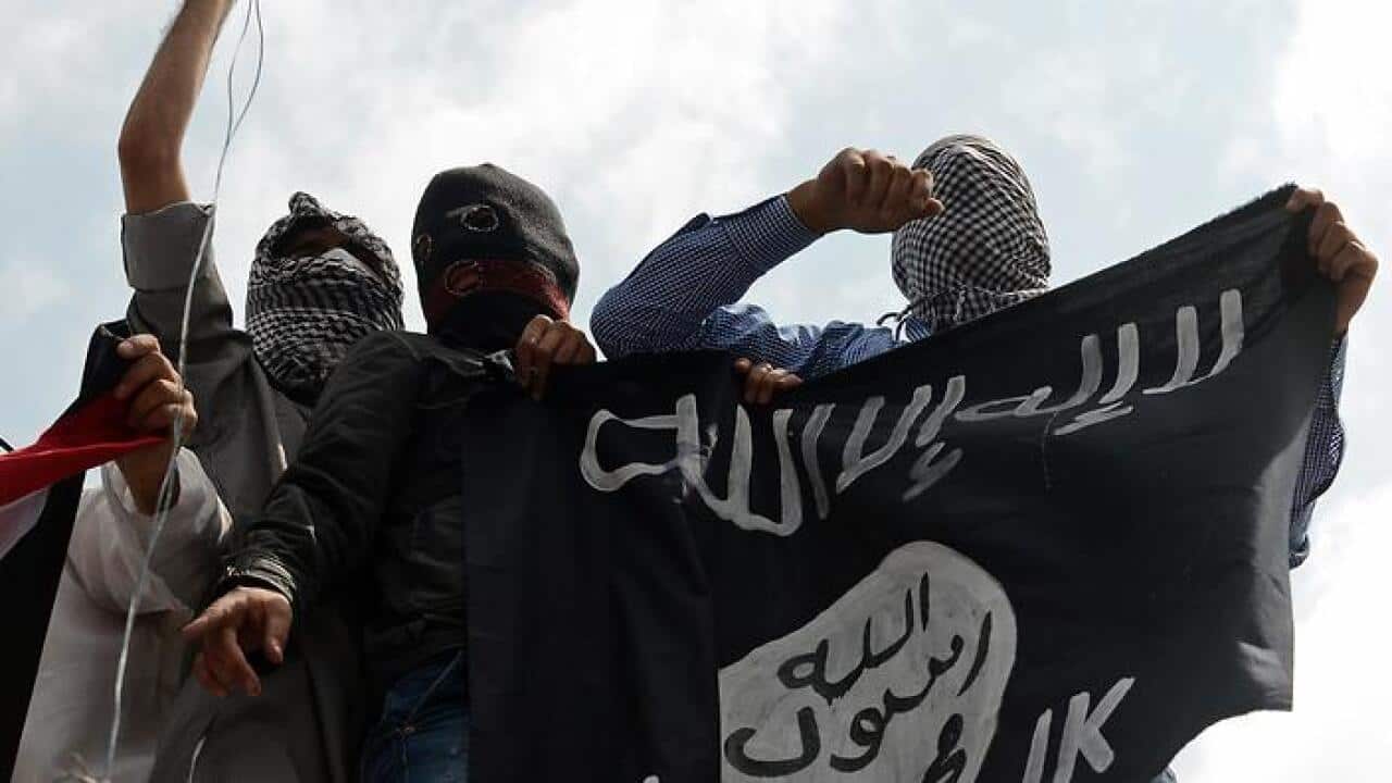 ISIS supporters wave the Shahada flag.