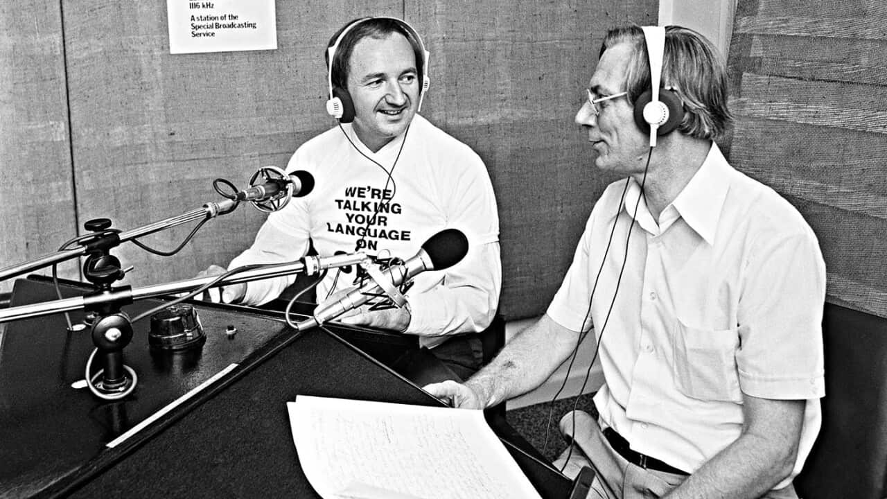 Minister for Immigration Ian MacPhee (right) visits 3EA, 1979 (Courtesy National Archives of Austalia A12111-8112097)