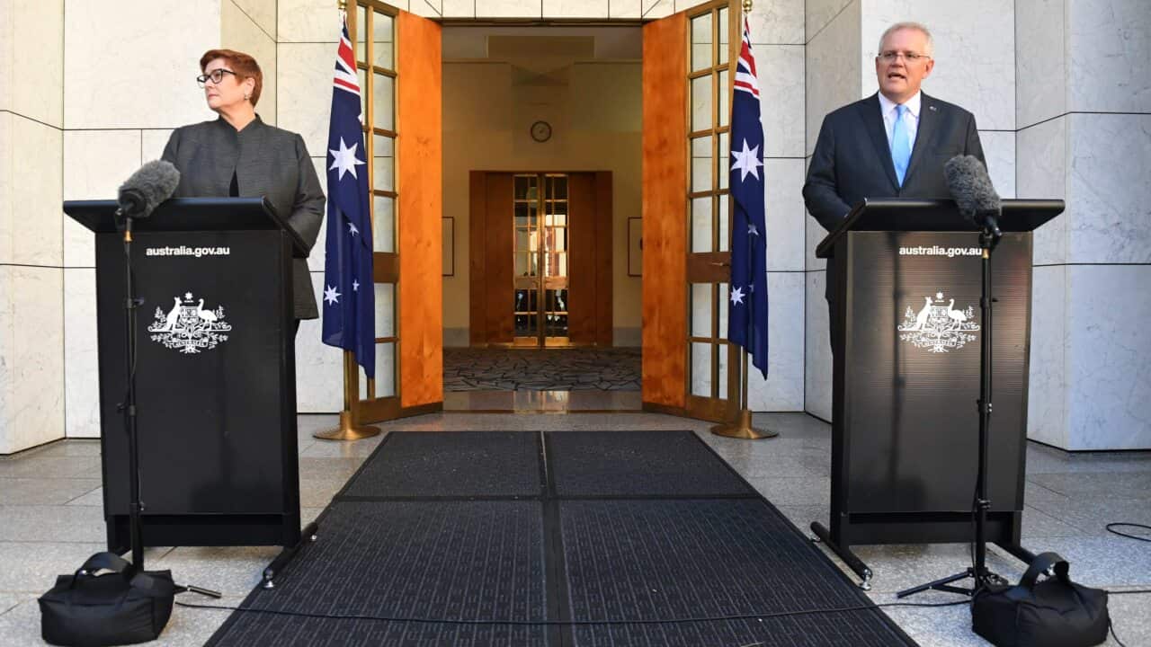 Minister for Foreign Affairs Marise Payne and Prime Minister Scott Morrison address the media.
