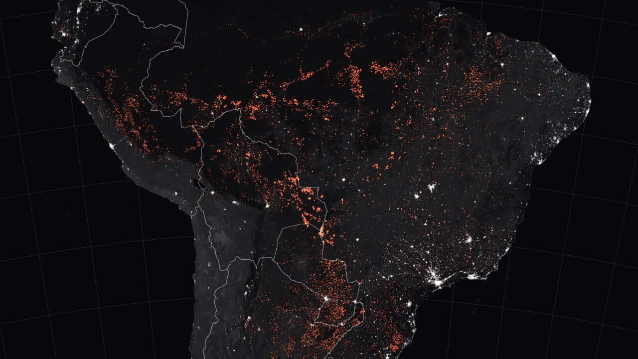 A handout photo made available by NASA Earth Observatory of a map showing active fire detections in Brazil as observed between 15 and 19 August 2019