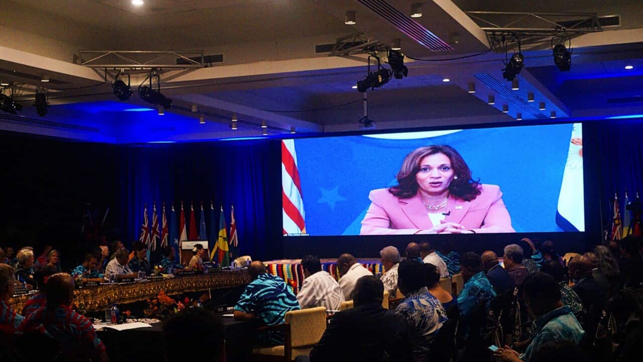 United States Vice President Kamala Harris virtually addresses the Pacific Islands Forum leaders summit in Suva