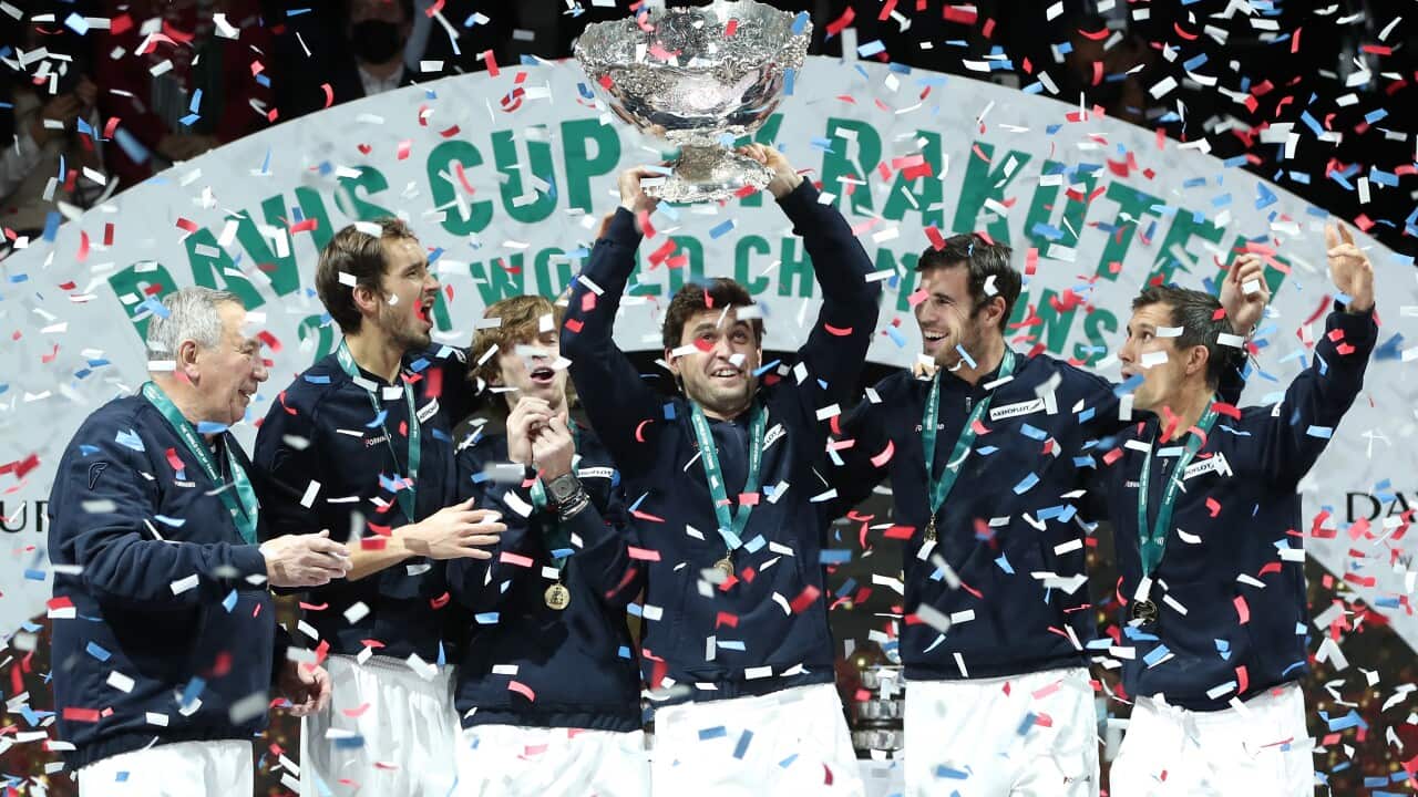 MADRID, SPAIN - DECEMBER 05: Captain Shamil Tarpischev, Danil Medvedev, Andrey Rublev, Aslan Karatsev, Karen Kachanov and Evgeny Donskoy of The Russian Tennis Federation celebrate after winning the Davis Cup Final between The Russian Tennis Federation an
