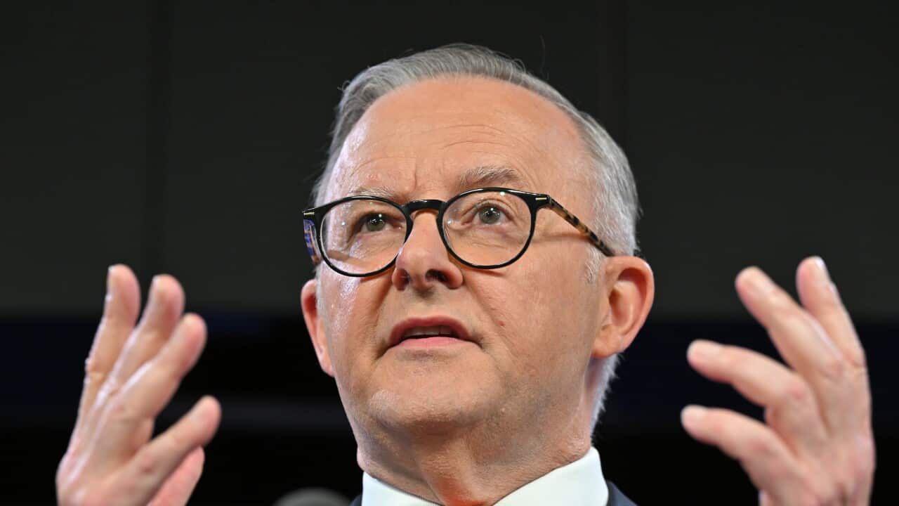 A man in suit wearing glasses speaks.