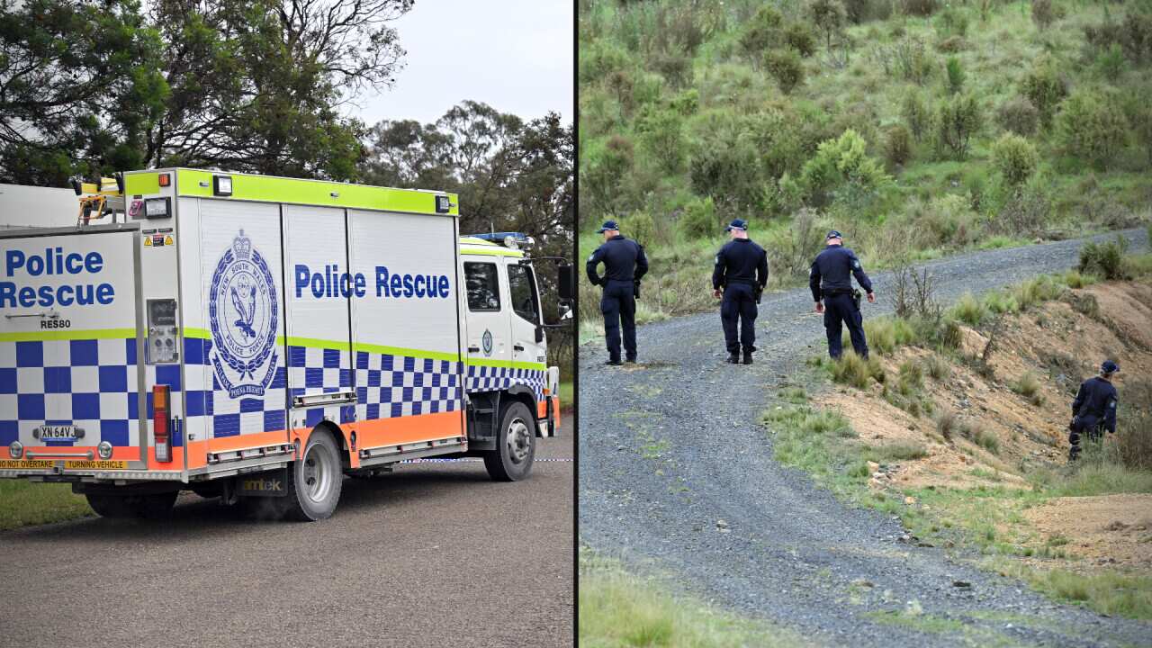 A split image. On the left is a police rescue vehicle. On the right are police officers searching a property.