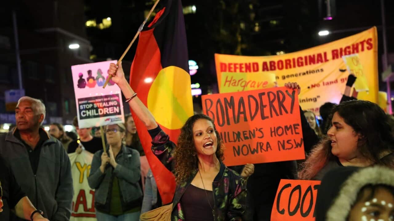 Protesters assembled at Victoria Park in Sydney for Sorry Day 2017.