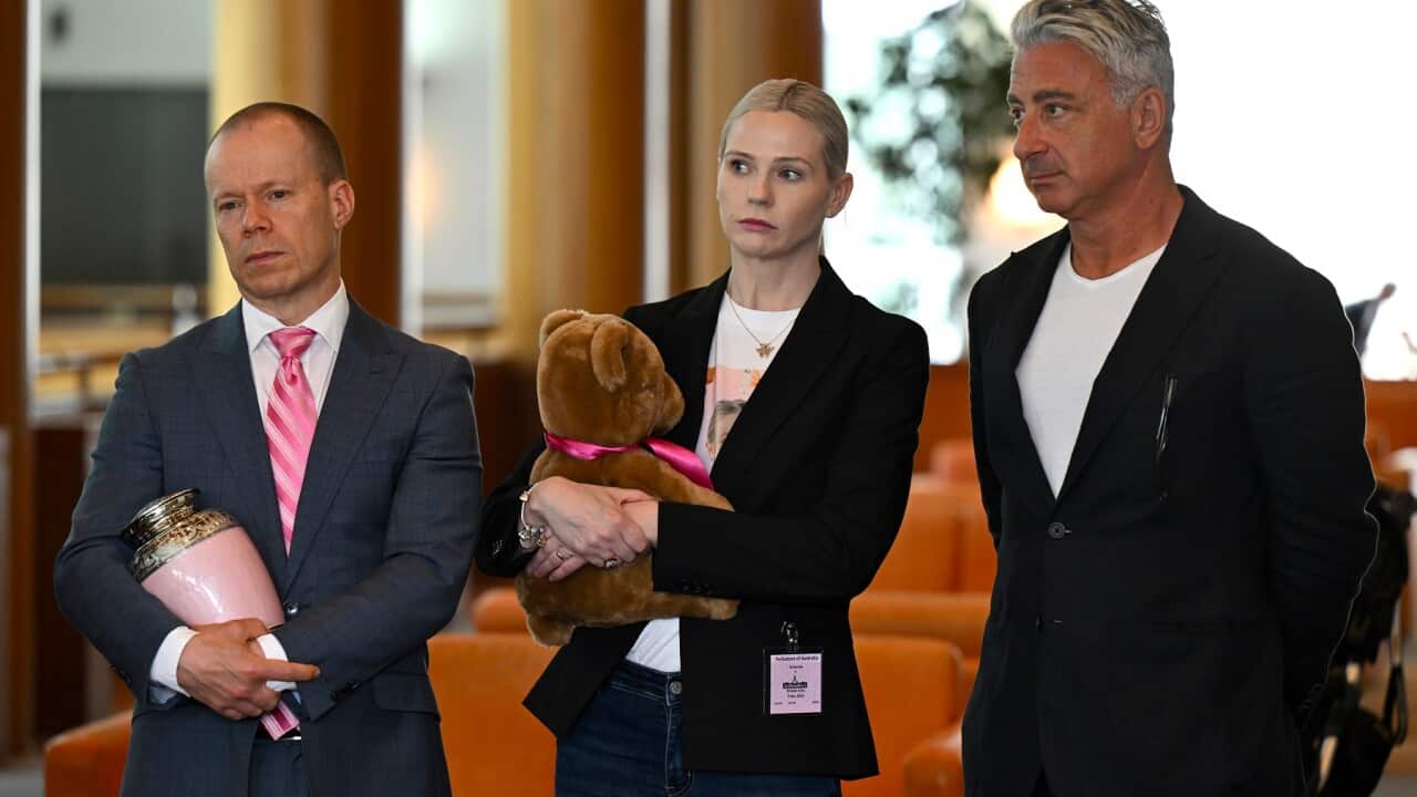 (L-R) Robb Evans, Kelly O’Brien, and Rob Galluzzo, co-founder 36 months, at Parliament House in Canberra (AAP)