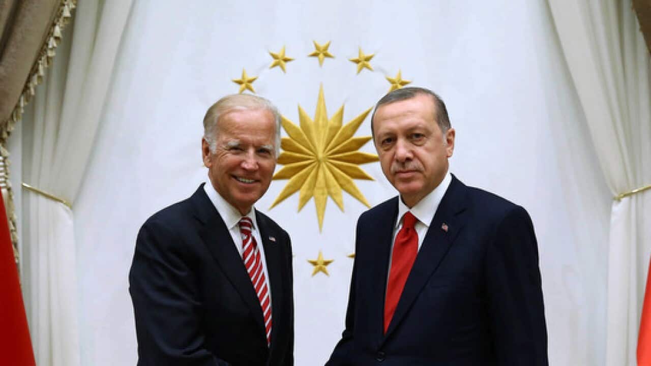 US Vice President Joe Biden (L) and Turkish President Recep Tayyip Erdogan in Ankara, Turkey (AAP)