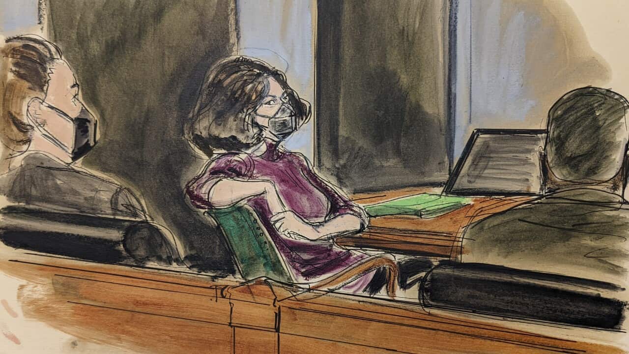 In this courtroom sketch, Ghislaine Maxwell sits during her sex trafficking trial, Dec. 29, 2021, in New York. 