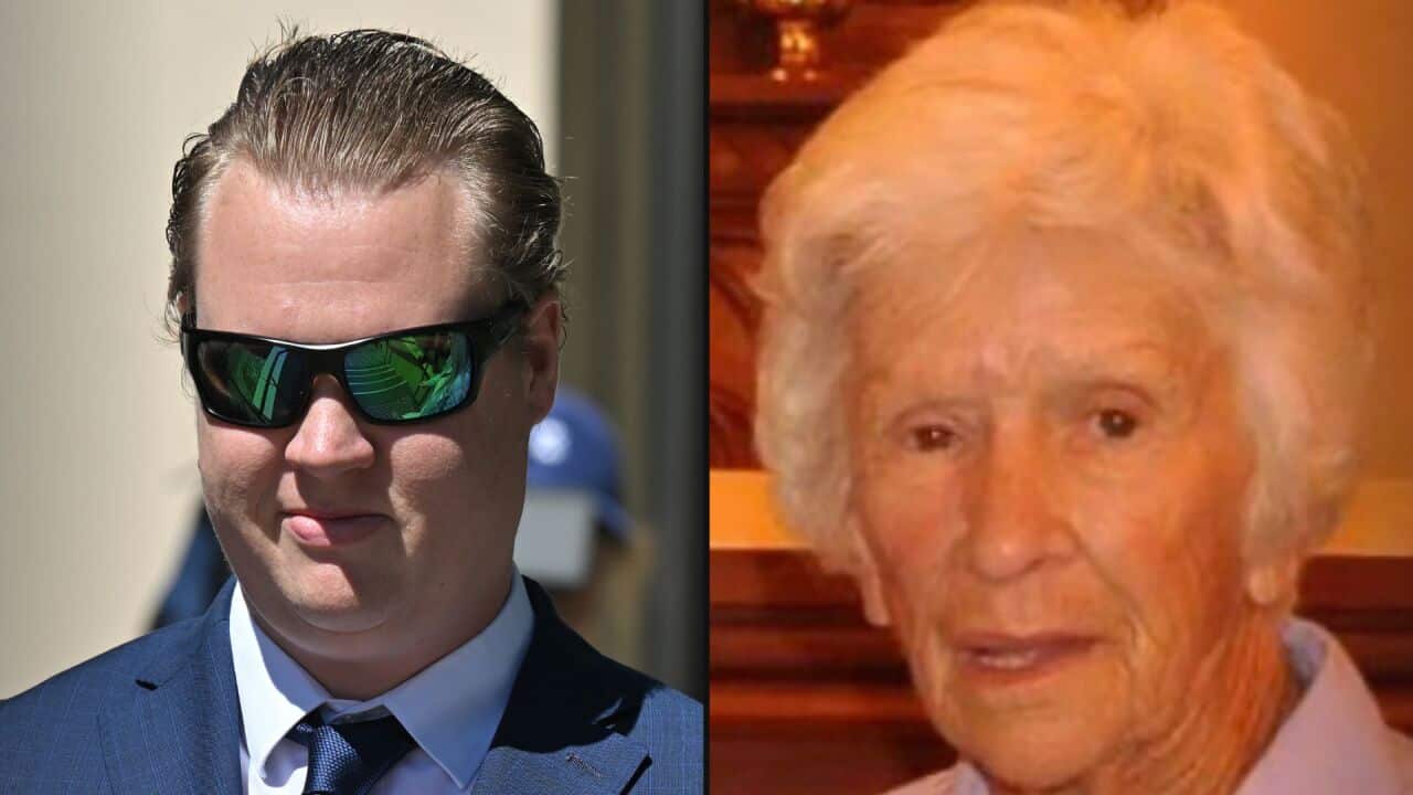 A composite of a man in a suit wearing black glasses and an old woman.