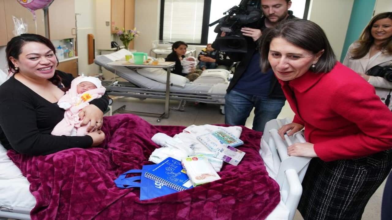 NSW Premier Gladys Berejiklian with a new mother and baby at Westmead.