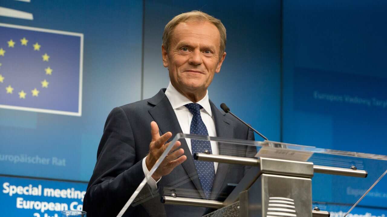 European Council President Donald Tusk speaks during a media conference at an EU summit in Brussels.