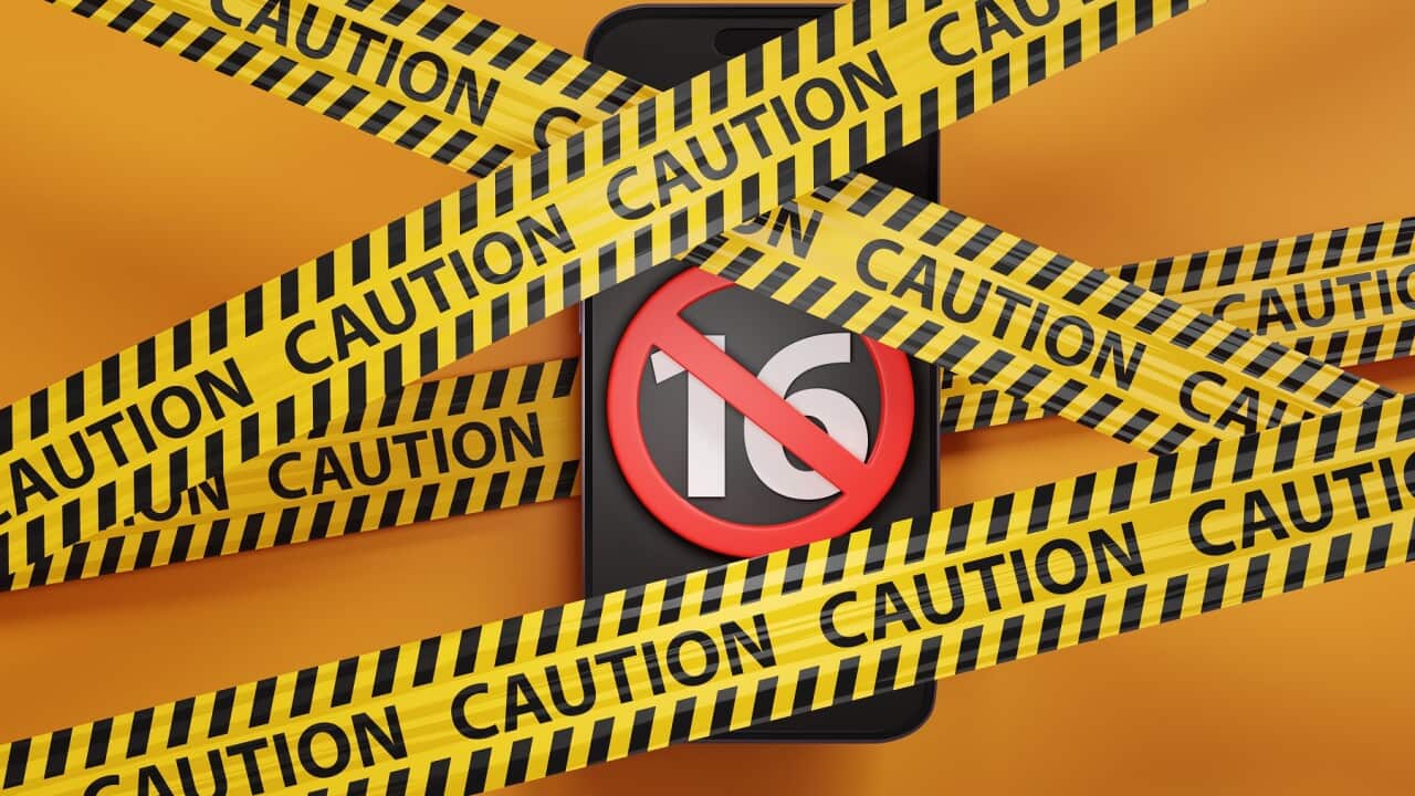 Mobile phone showing the number 16 and a red forbidden sign trapped between barrier tapes on yellow background. Illustration of the British consideration of banning sale of smartphones to under 16s
