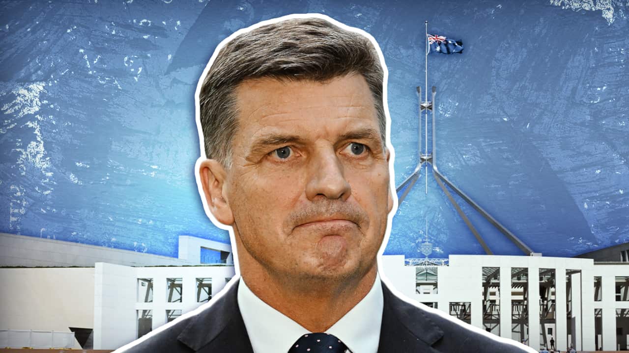 Angus Taylor, wearing a suit and tie, superimposed against the backdrop of parliament house.