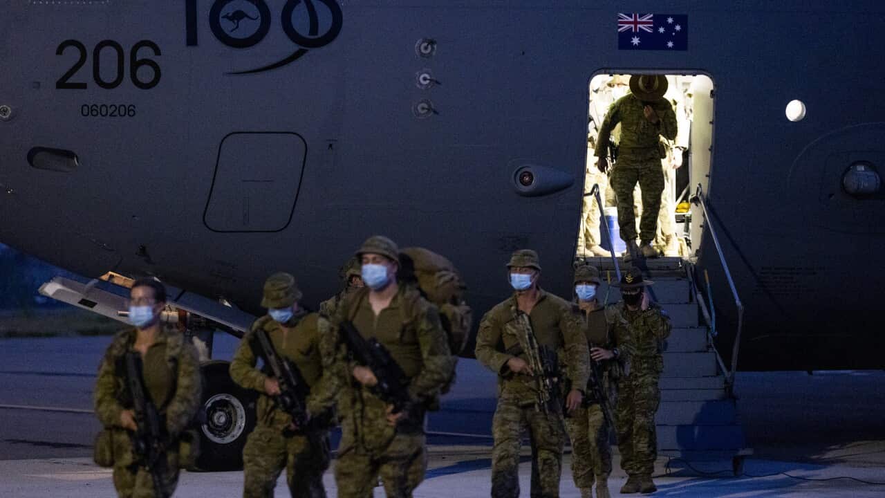 Royal Australian Air Force C-17A Globemaster III aircraft at Honiara airport, Solomon Islands, on 26 November 2021.