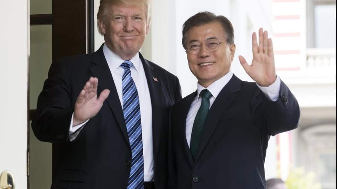 US President Donald Trump greets President of South Korea Moon Jae-in