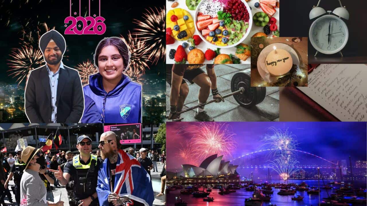 A collage celebrating the 2026 New Year featuring Australia-based Punjabi youth, Sydney Harbour fireworks, healthy lifestyle imagery including gym workouts and fruit bowls, and scenes of public celebrations in Australia.