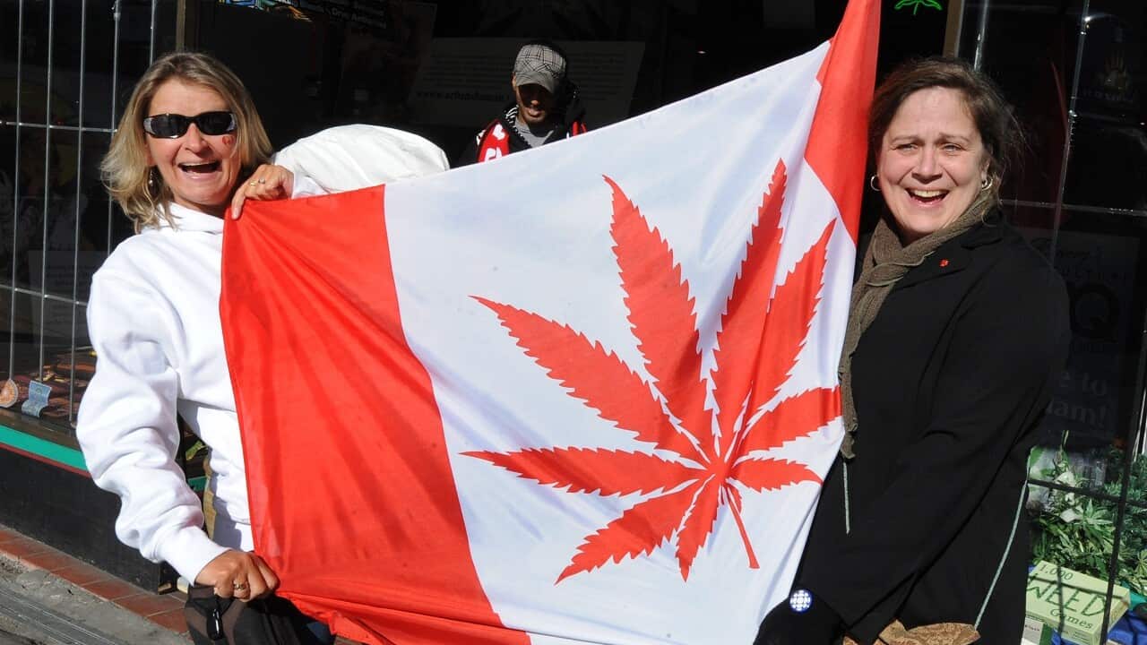 Visitors pose in front of a flag similia