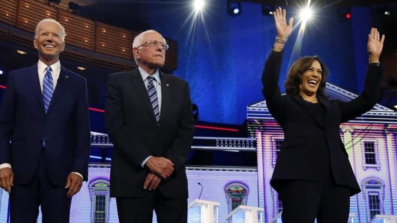 Joe Biden, Sen. Bernie Sanders, and Sen. Kamala Harris, D-Calif.