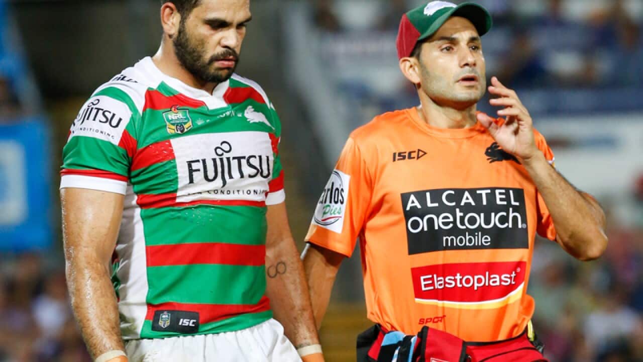 Rabbitohs captain Greg Inglis leaves the field