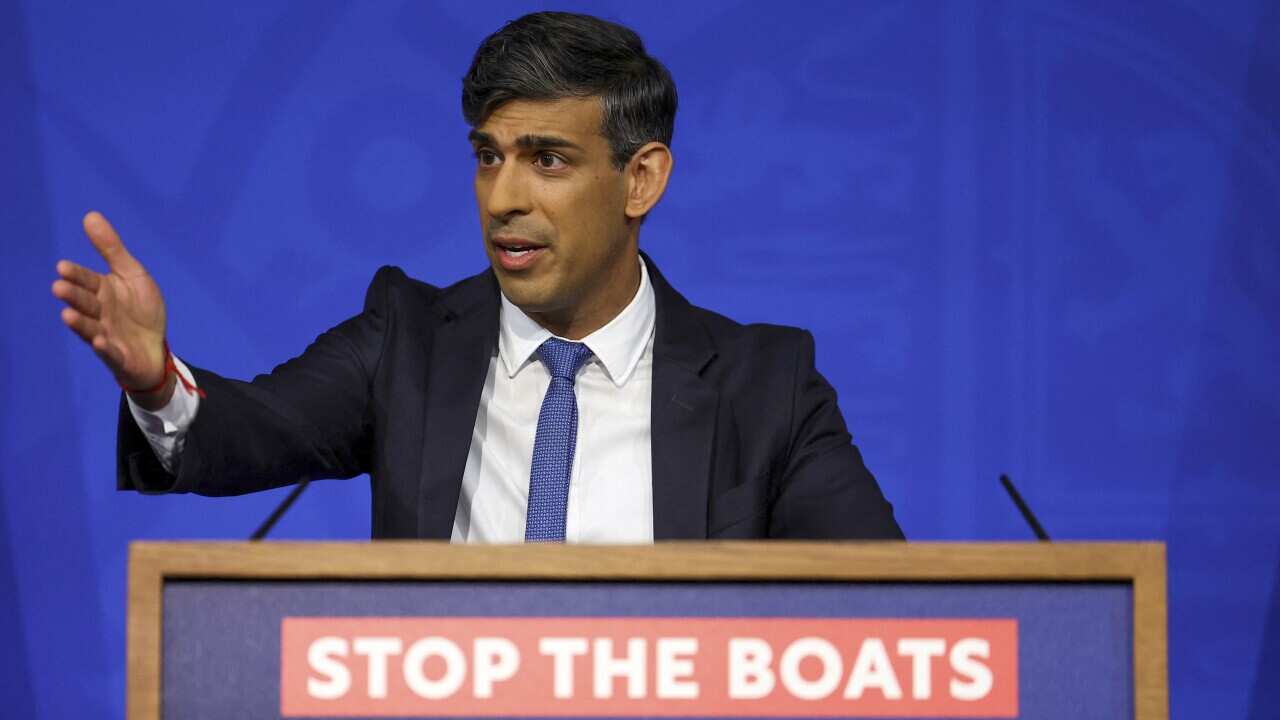 British Prime Minister Rishi Sunak speaks during a press conference at Downing Street in London, Monday, April 22, 2024.