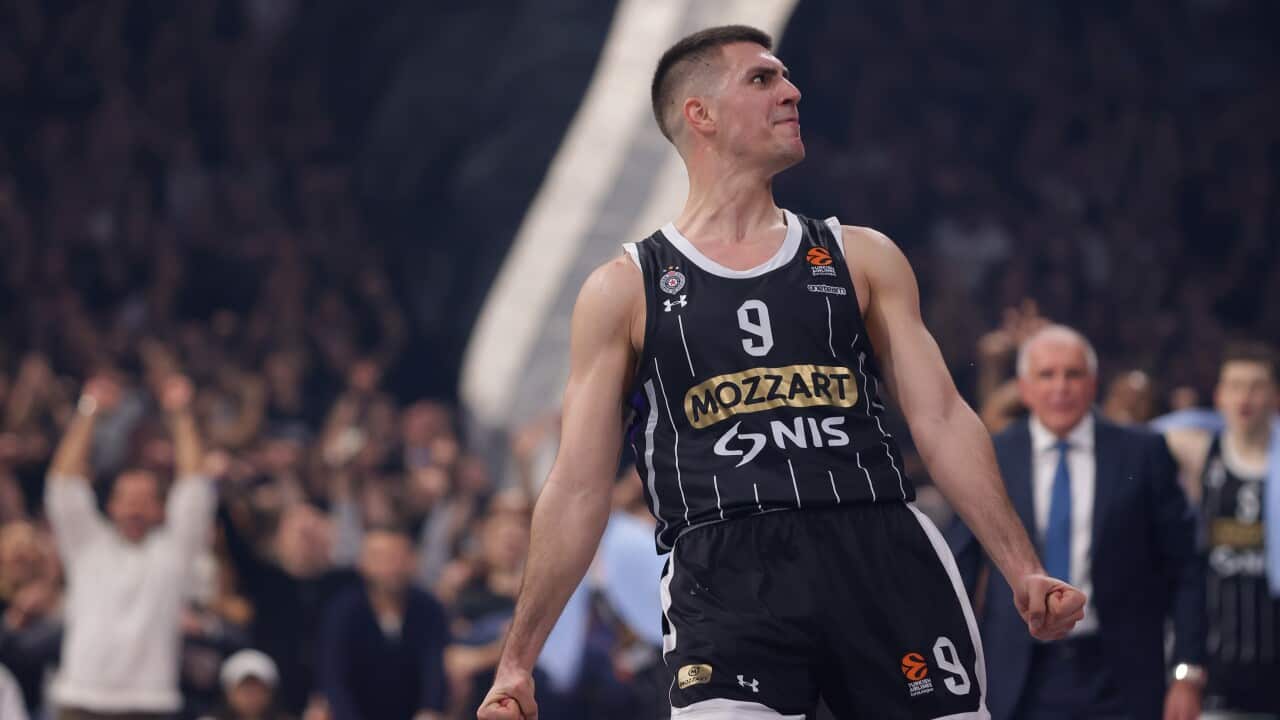 Partizan's Vanja Marinkovic reacts during the Euroleague basketball match between Partizan Belgrade and Olympiacos Piraeus in Belgrade