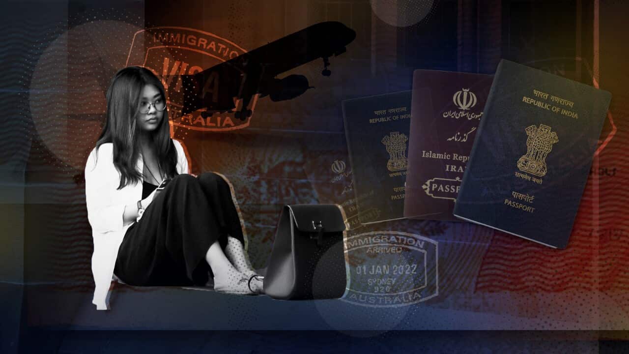 An illustration showing a female student, airplane, passports and visa stamps.