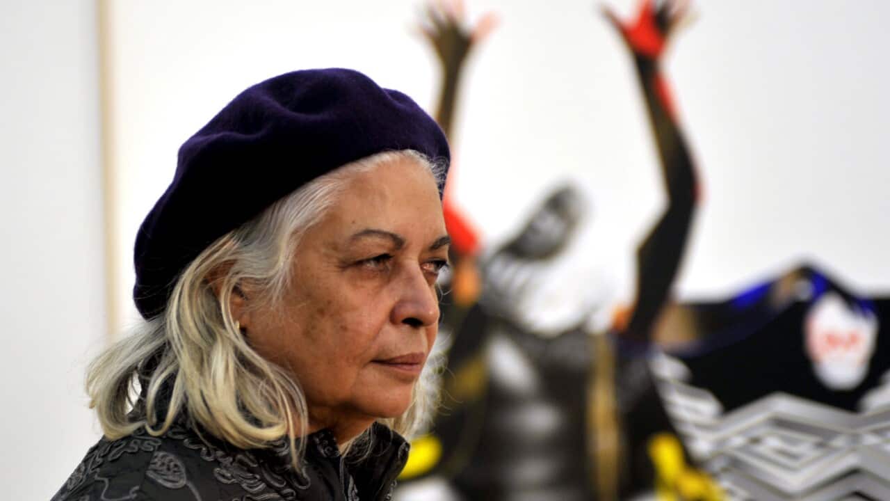 Aboriginal activist Professor Marcia Langton at the unveiling of her portrait at the National Portrait Gallery in Canberra, Wednesday, June 9, 2010.  Artist Brook Andrew was commissioned to paint the portrait. (AAP Image/Alan Porritt) NO ARCHIVING
