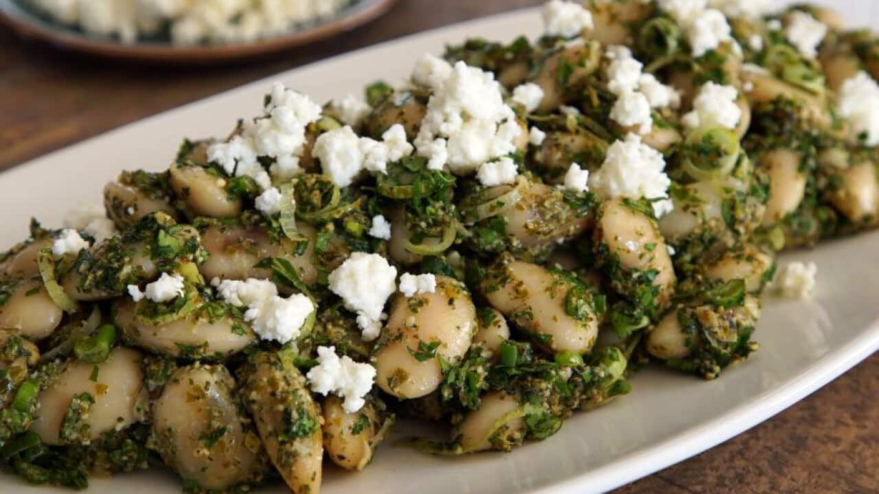 Giant beans with grape leaf pesto