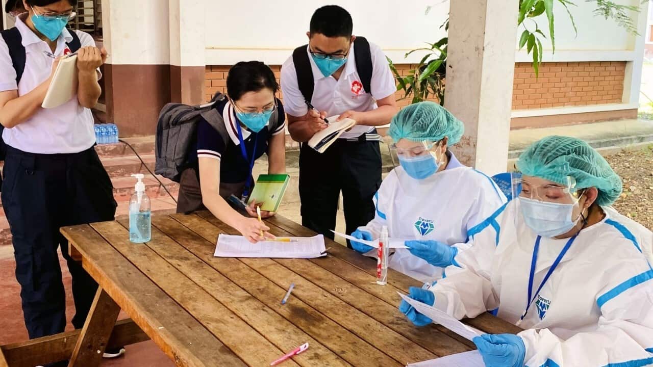 A Chinese medical team in vaccination site in Luang Prabang Province, Laos, on May 10, 2021 (Nong Lichun - Xinhua via Getty Images)