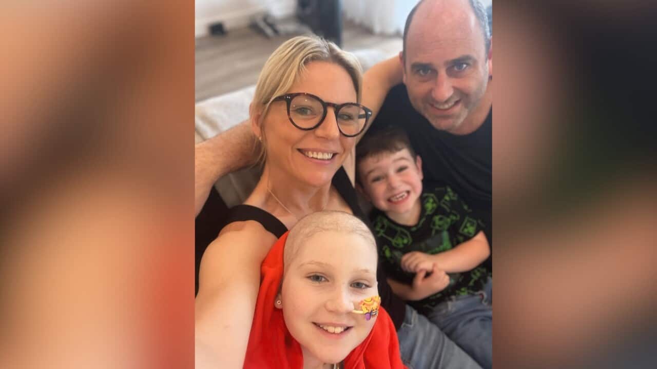 The Rodger family with Chloe, who has been undergoing treatment for acute myeloid leukemia since 2022. supplied by Rodger family via Leukemia Foundation.jpg