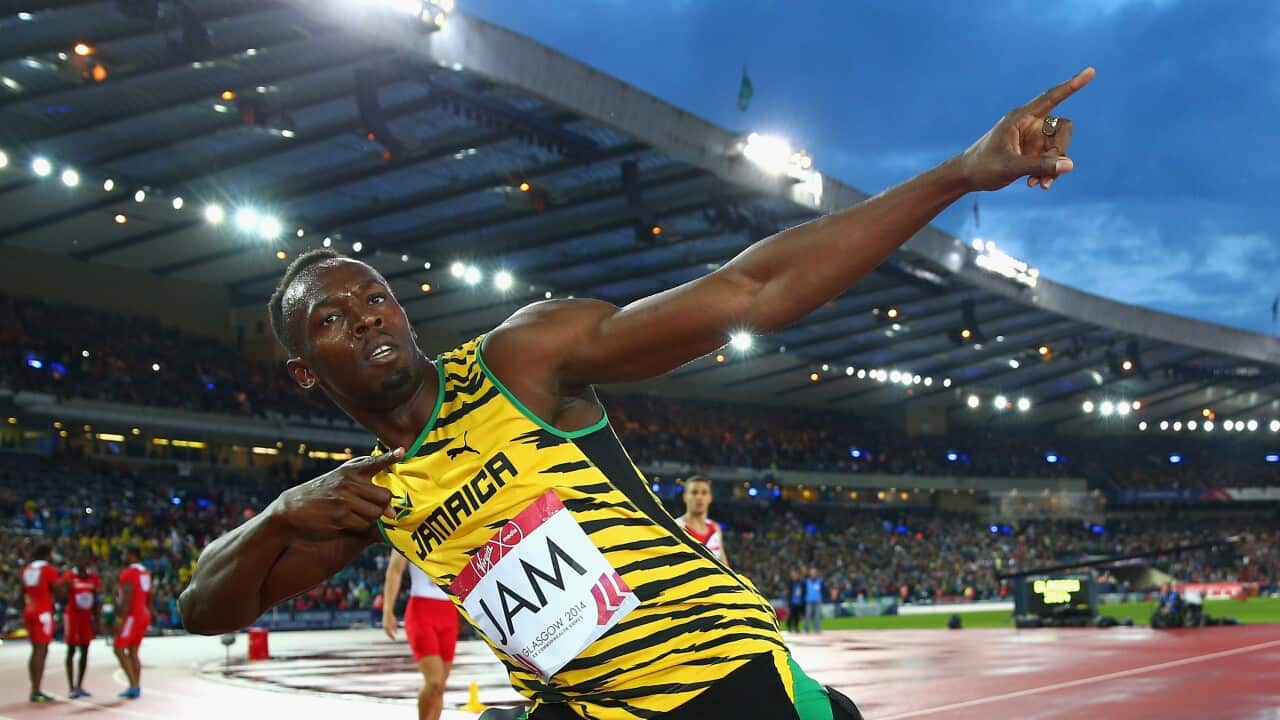 Usain Bolt of Jamaica celebrates winning gold in the Mens 4x100 metres relay final 