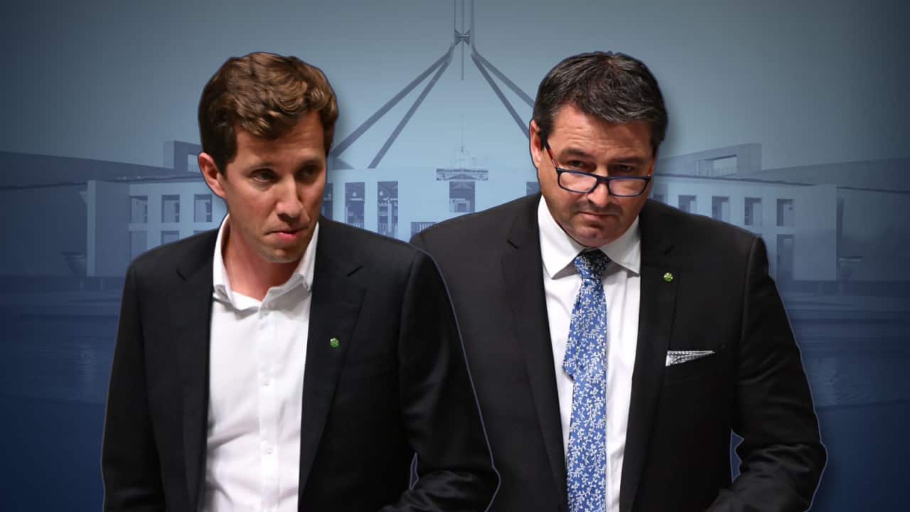 A digital artwork showing two men against a backdrop of Parliament House.