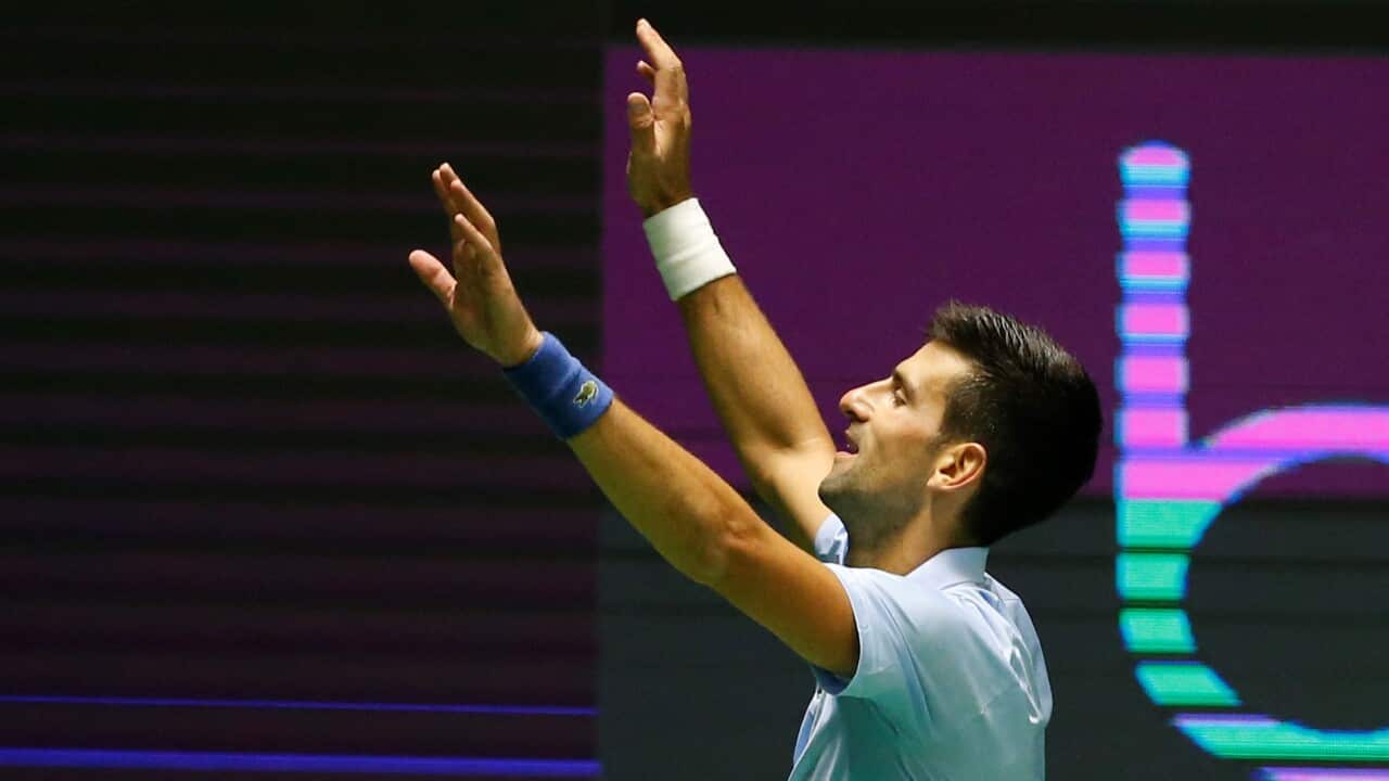 Serbia's Novak Djokovic reacts during the ATP 500 Astana Open tennis tournament semifinal match against Daniil Medvedev in Astana, Kazakhstan