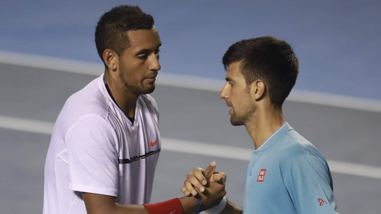 Novak Djokovic of Serbia snakes hands with Nick Kyrgios of Australia after losing the match as part of the Abierto Mexicano Telcel 2017 at the Fairmont Acapulco Princess on March 02, 2017