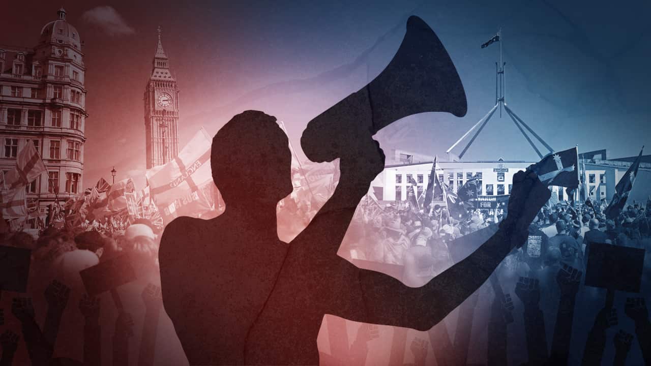 Grapic art of a silhouette of a man holding a megaphone set against a collage of buildings, including Parliament House in Canberra, and protesters