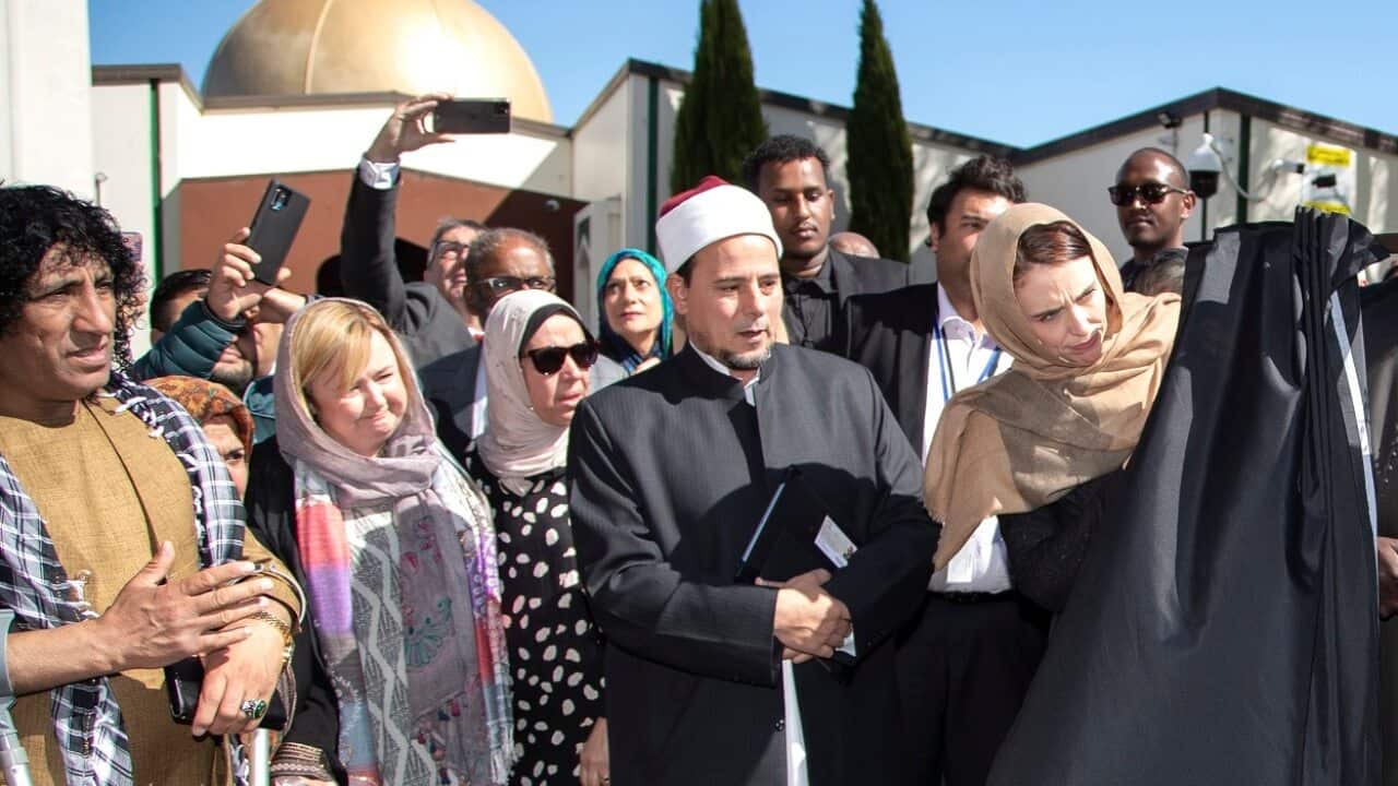 New Zealand Prime Minister Jacinda Ardern unveils a plaque at the Al Noor mosque in Christchurch on 24 September 2020.