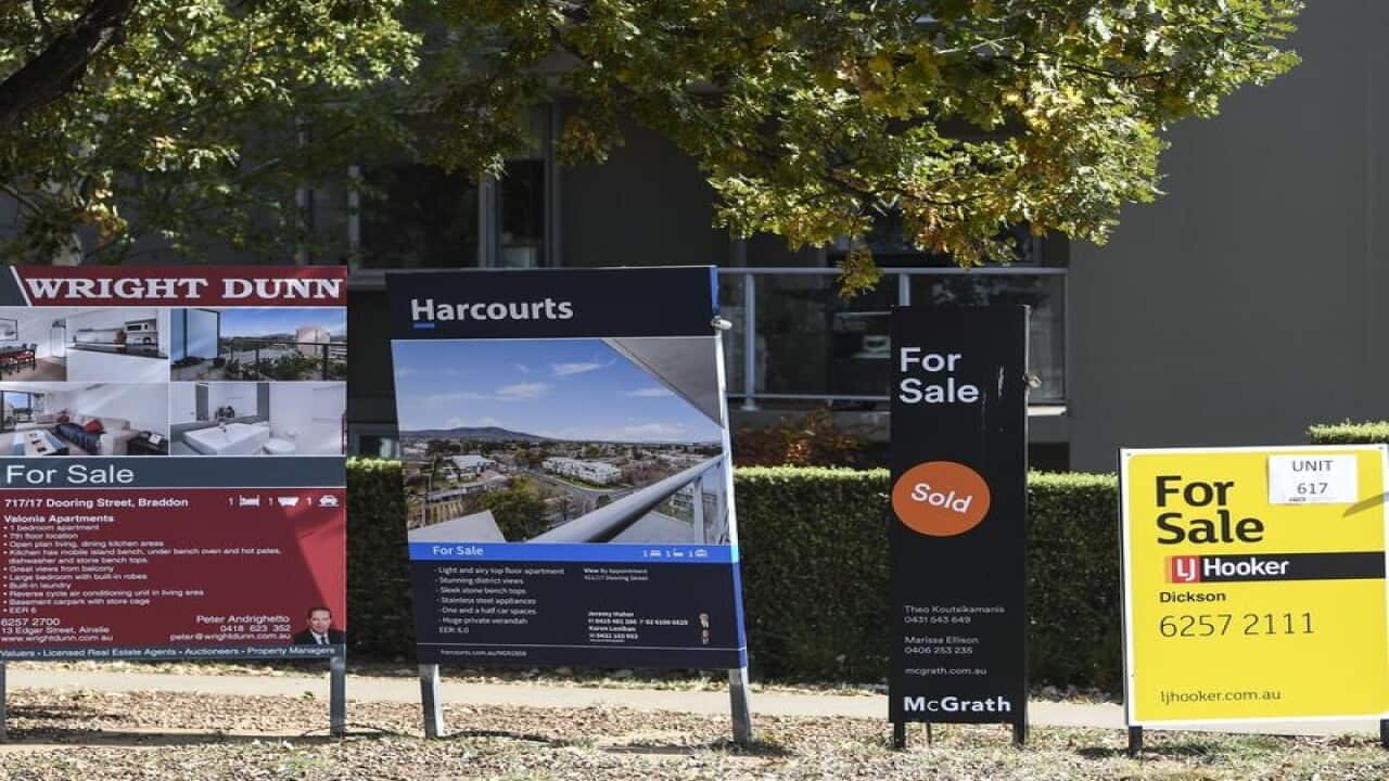 For sale signs outside an apartment block in Canberra