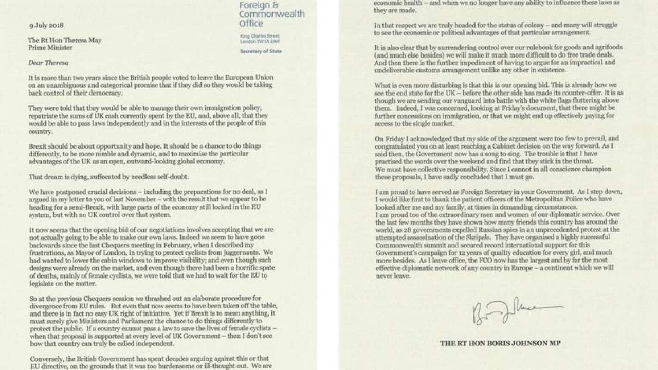 A combined image of Boris Johnson's resignation letter