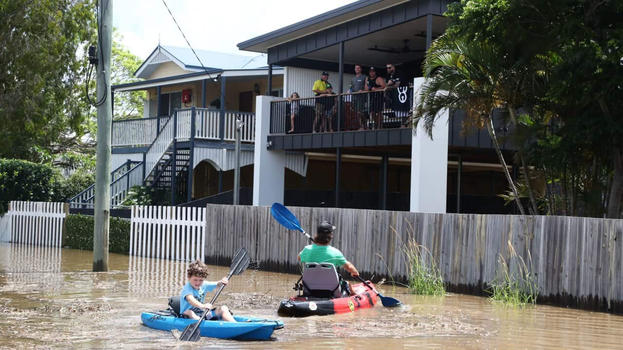 Residents of Tumbulgum paddle their kayaks down a street in northern NSW this week.