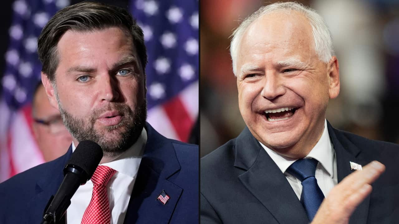 A split image. On the right is a man wearing a suit and tie speaking in front of a microphone. On the right is a man wearing a suit and tie smiling and clapping.