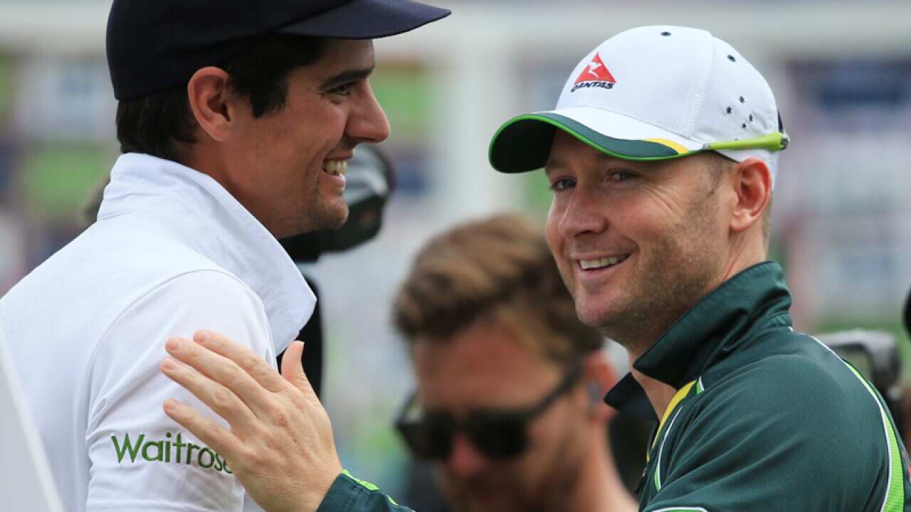 England captain Alastair Cook (L) and Australia captain Michael Clarke