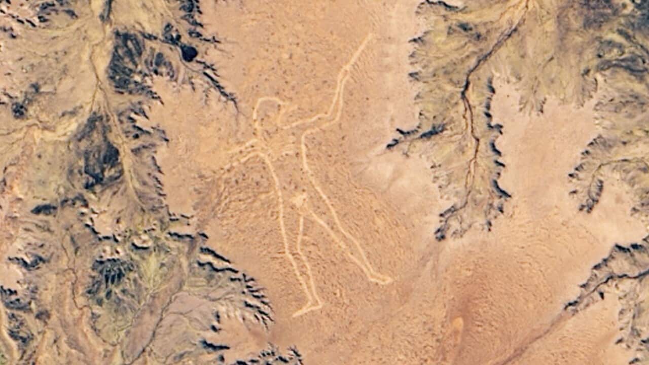 A handout photo made available by the NASA Earth Observatory of a satellite image showing a giant geoglyph known as Marree Man, or Stuart's Giant, near the outback town of Marree, in the remote north of South Australia, Australia, 22 June 2019 (issued 29