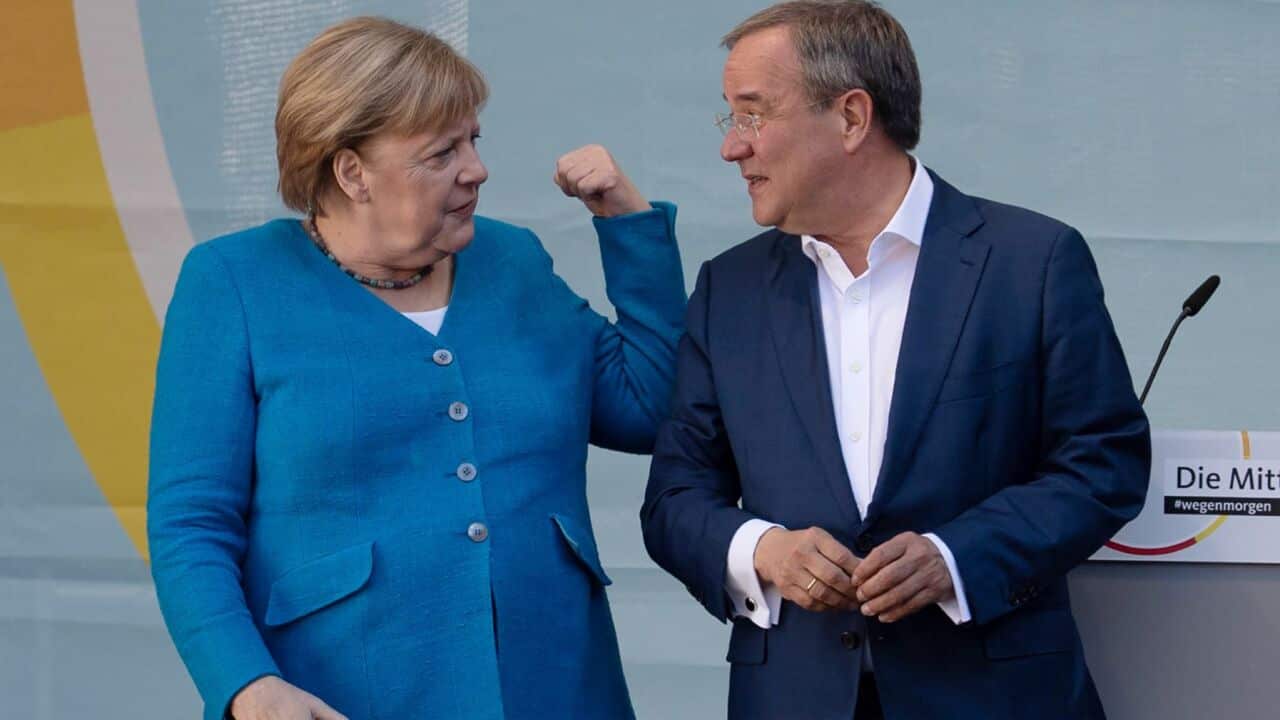 German Chancellor Angela Merkel (L) and Armin Laschet, Minister-President of North Rhine-Westphalia and candidate for chancellor of the Christian Democratic Union (CDU)