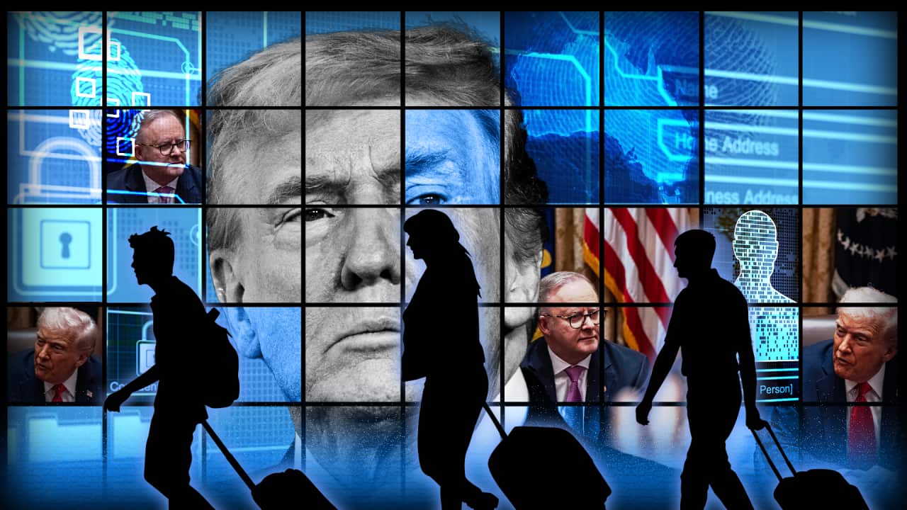 A composite image of Donald Trump's face over blue digital security graphics, with silhouetted travellers pulling suitcases in the foreground.
