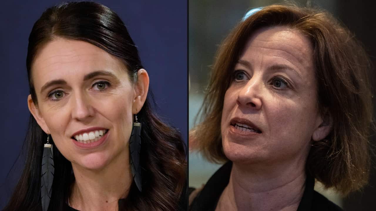 Two women shown in a split image, both speaking at separate events.