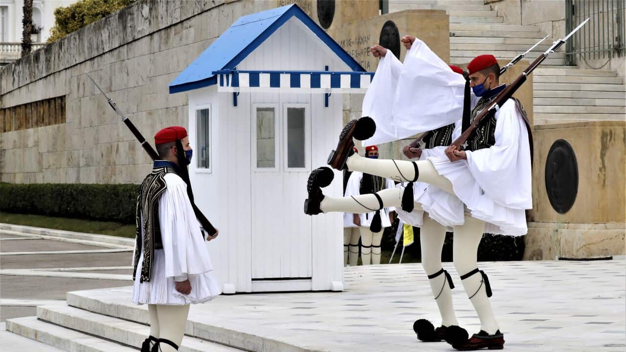 Evzones at the Tomb of the Unknown Soldier in Syntagma Square.