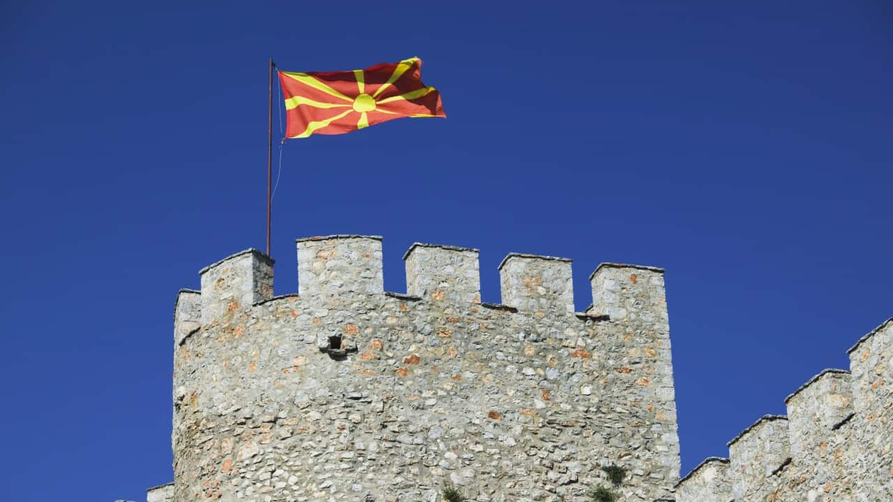 Car Samoil's Castle Tower and Macedonian Flag