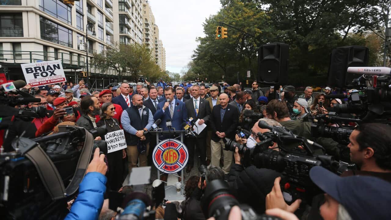 New York firefighters hold a protest rally against the vaccine mandate