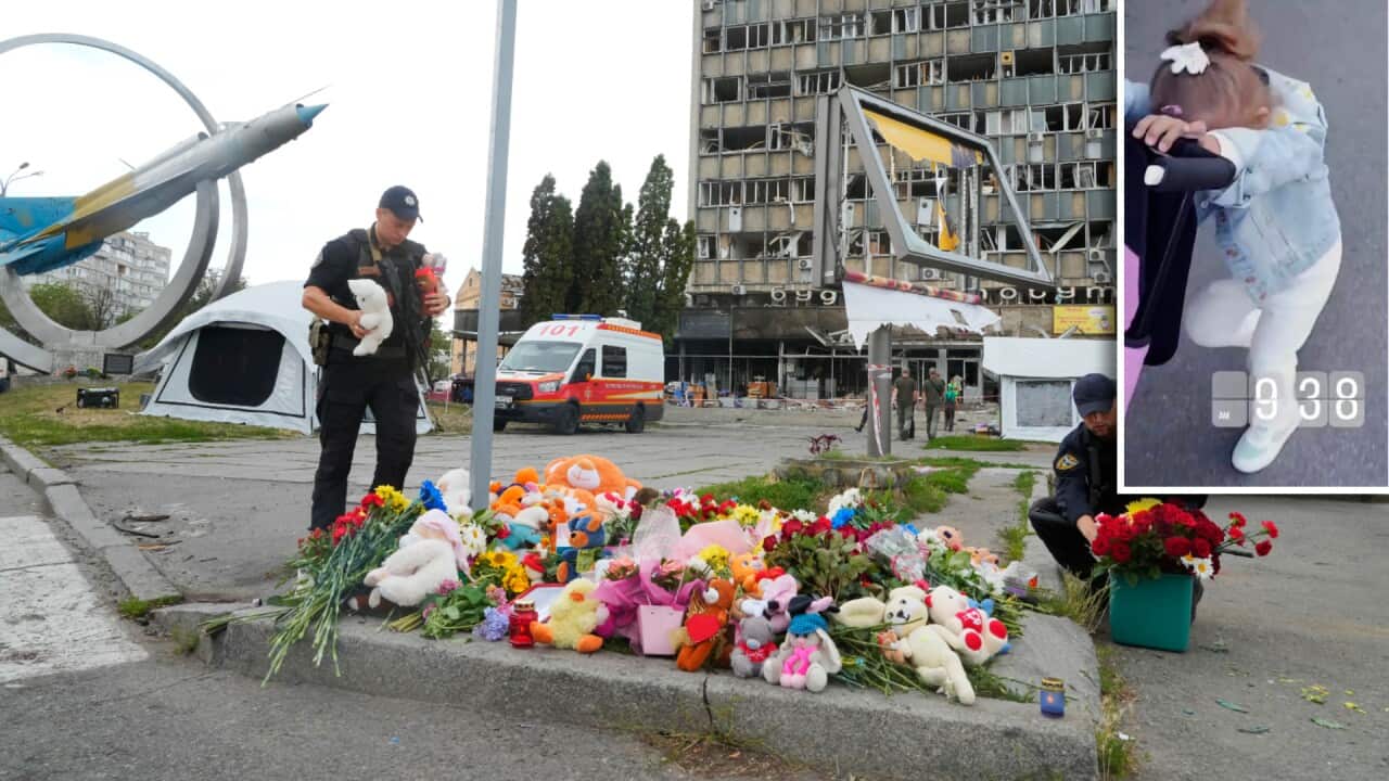 A memorial of flowers for those killed in the missile strike in the Ukrainian city of Vinnytsia. A four-year-old girl is among the dead.